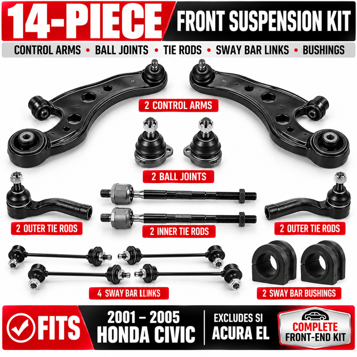 14-Piece Front Suspension Kit for 2001–2005 Honda Civic – Control Arms, Ball Joints, Tie Rods & Sway Bar Links