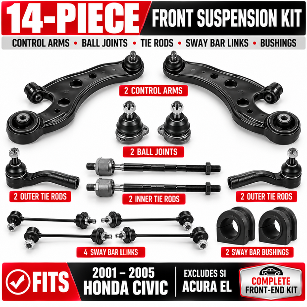 14-Piece Front Suspension Kit for 2001–2005 Honda Civic – Control Arms, Ball Joints, Tie Rods & Sway Bar Links