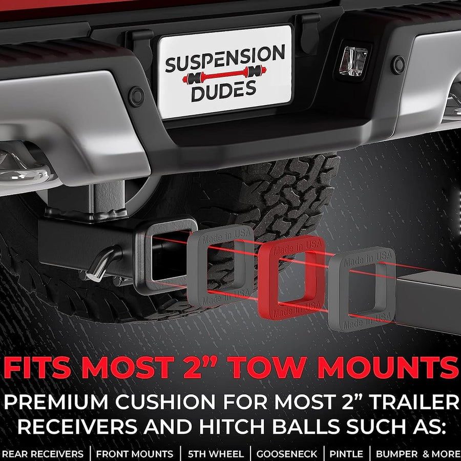 3-Pack of 2-inch hitch receiver silencer pads in black and red for tow hitch noise reduction