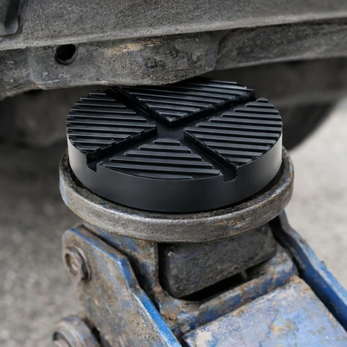 Universal Floor Jack Rubber Pad, Upgraded Jack Pad Adapter with Pinch Weld Side Frame Rail Protector, Thick Anti‑Slip X‑Groove Cushion Puck, Cross Beam Jack Adapter for Safe Vehicle Lifting, 1 Pack
