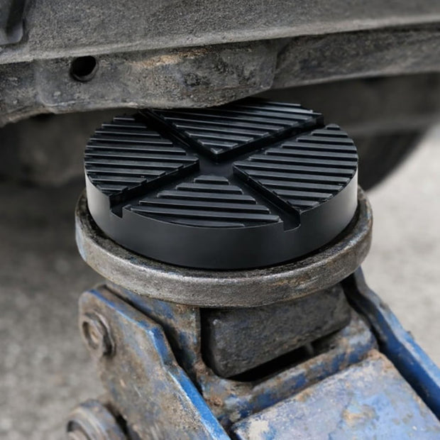 Universal Floor Jack Rubber Pad, Upgraded Jack Pad Adapter with Pinch Weld Side Frame Rail Protector, Thick Anti‑Slip X‑Groove Cushion Puck, Cross Beam Jack Adapter for Safe Vehicle Lifting, 1 Pack