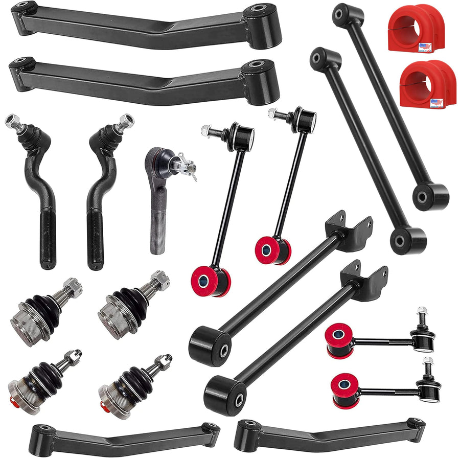 Suspension Dudes 21 PC Front Upper/Lower + Rear Lower Control Arm Kit + Ball joint Kit + Front/Rear Sway Bar Link Kit + Outer Tie Rod End Kit + Steering Drag Link, FITS Jeep Wrangler 2007-2018 RK64177