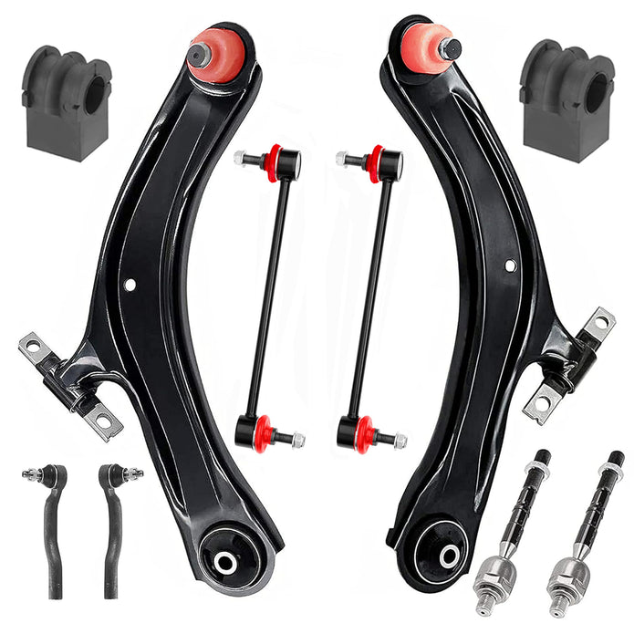 10 PC Front Lower Right/Left Control Arm Kit + Inner/Outer Tie Rod End Kit + Sway Bar Links/Bushing Kit Fits Nissan Rogue 2008-2013, Rogue Select 2014-2015, RK621452 RK624453