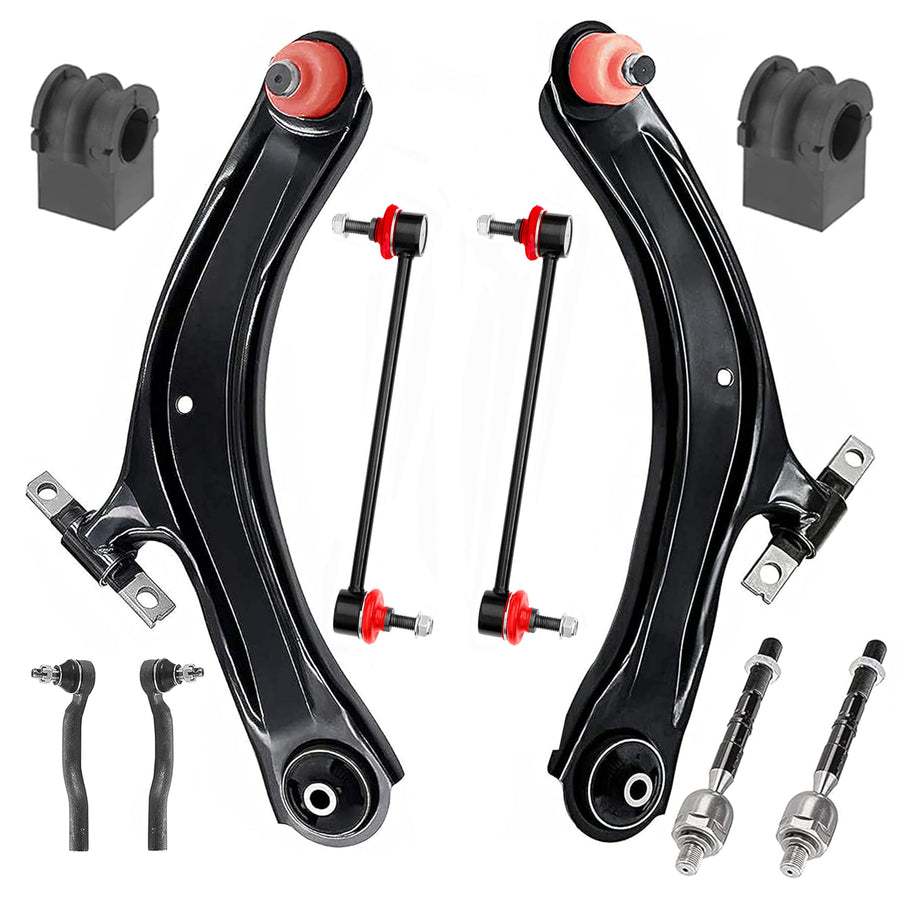 10 PC Front Lower Right/Left Control Arm Kit + Inner/Outer Tie Rod End Kit + Sway Bar Links/Bushing Kit Fits Nissan Rogue 2008-2013, Rogue Select 2014-2015, RK621452 RK624453