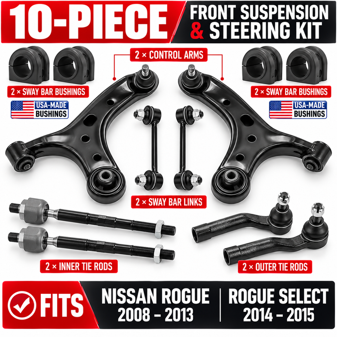 10-piece front suspension kit for Nissan Rogue with control arms, tie rods and sway bar components