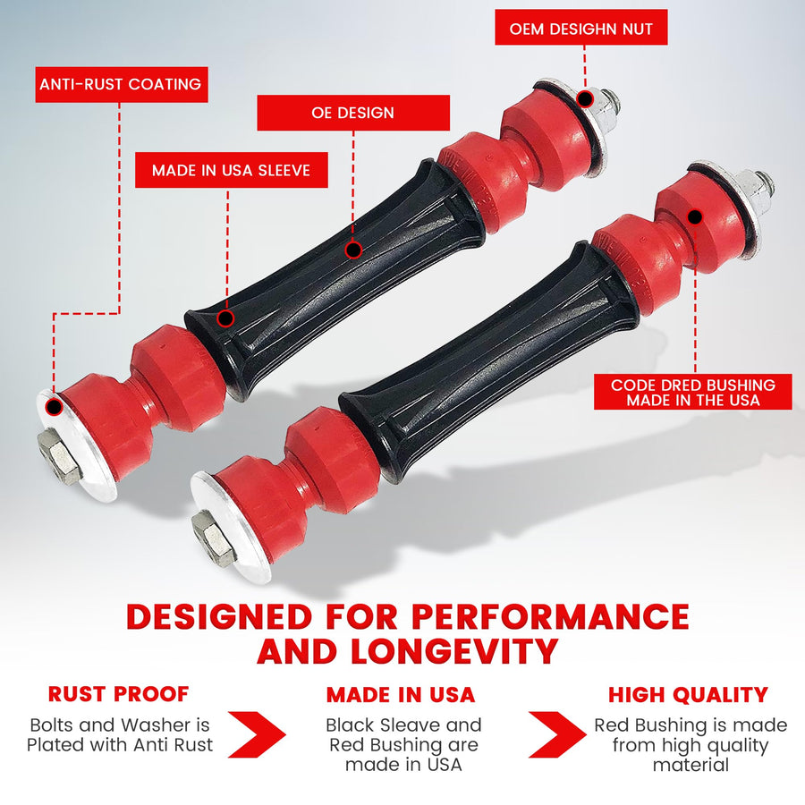 Pair of CODE RED heavy-duty front sway bar stabilizer links K80631 K700539 for Chevy and GMC trucks.