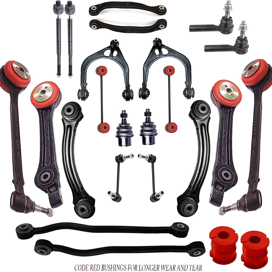 Complete 24-piece front and rear suspension control arm and steering kit for Dodge Charger and Chrysler 300 RWD.